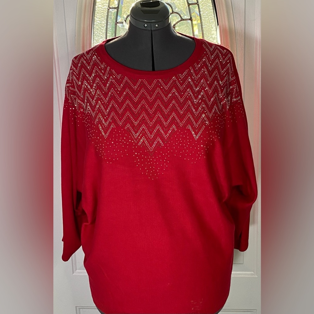Ashley Stewart Red Barbados Silver Crystal EmbellSweater Size 14/16 NWT - Picture 2 of 7